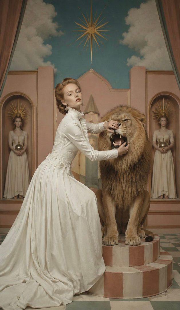 A woman in a white dress gently holds open the mouth of a lion in a surreal, ornate indoor setting with statues in the background.