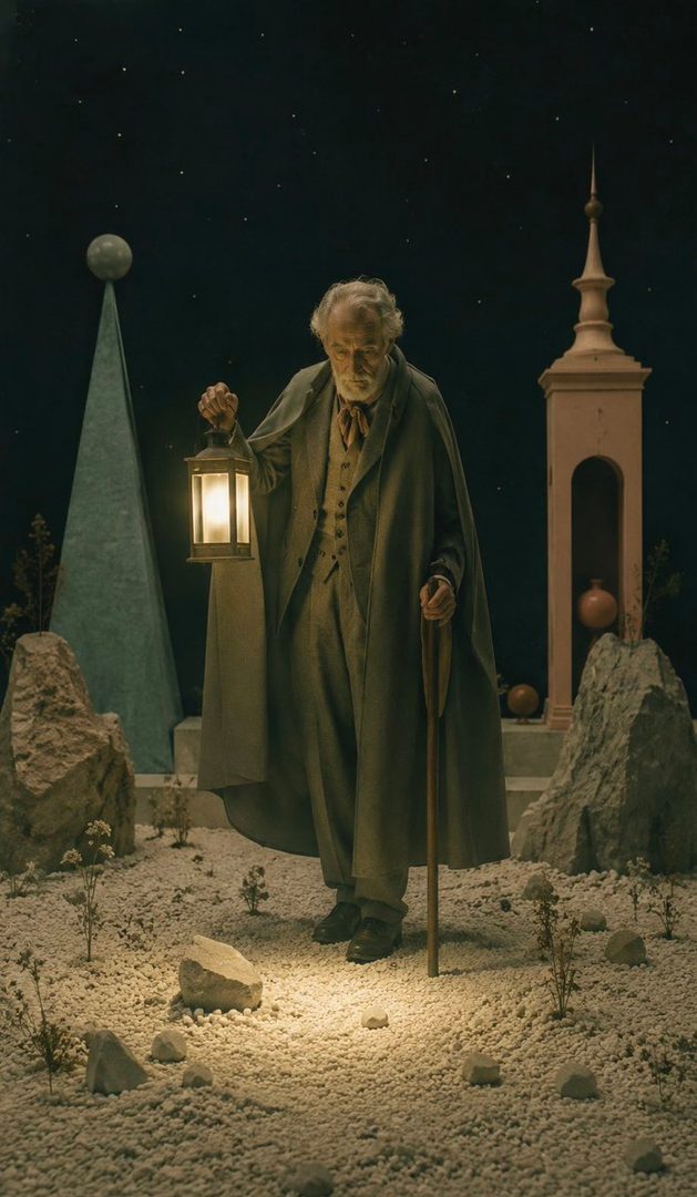 An old man with a white beard and a long coat holds a lantern and a staff, standing in a surreal, rocky landscape under a starry night sky.