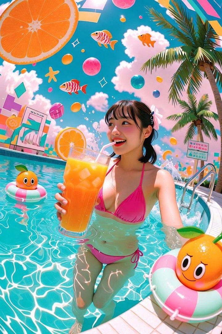 A smiling woman in a pink bikini sips a drink in a swimming pool, surrounded by whimsical floating oranges and palm trees under a bright sky.