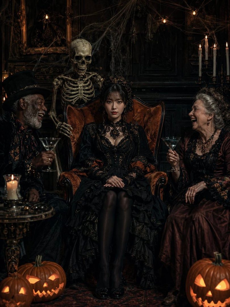 A woman in a dark gothic dress sits on a chair surrounded by two older people and Halloween decorations, including pumpkins and a skeleton.