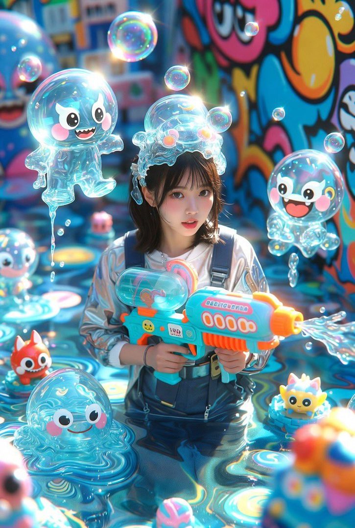 A young woman with short brown hair holds a water gun amidst a whimsical scene with floating bubble creatures and a colorful graffiti background.