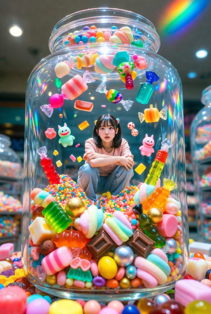 A young girl with black hair is sitting inside a giant candy jar filled with colorful sweets and candies.