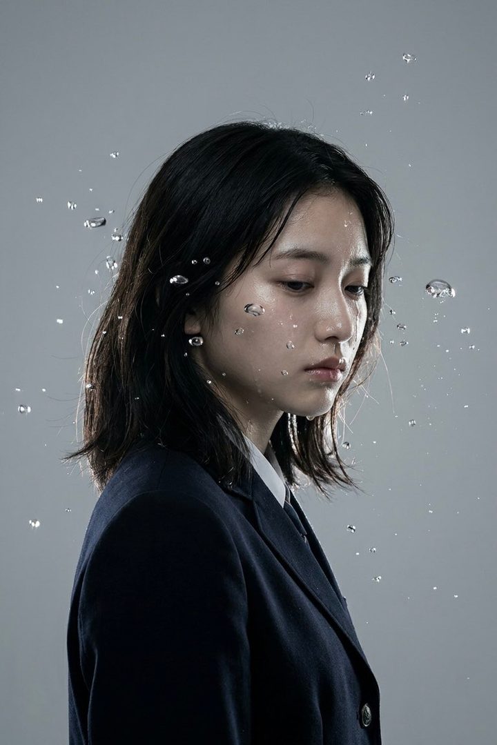 A photorealistic portrait of a young woman with black hair, wearing a dark suit jacket, with water droplets suspended around her face against a grey background.