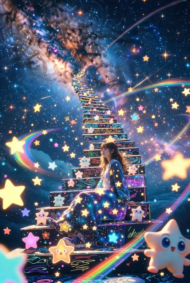 A woman in a star-patterned dress sits on a staircase leading to a starry sky, surrounded by glowing stars and rainbows.
