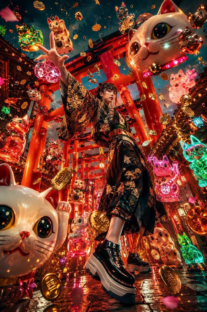 A person in a kimono stands amidst a vibrant, surreal scene filled with glowing Maneki-neko cats and golden coins, with red torii gates in the background.