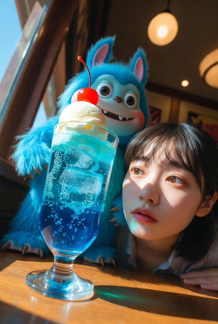A young girl with short black hair and bangs looks up, next to a blue monster plushie and a blue cream soda with a cherry on top, in a sunlit indoor setting.