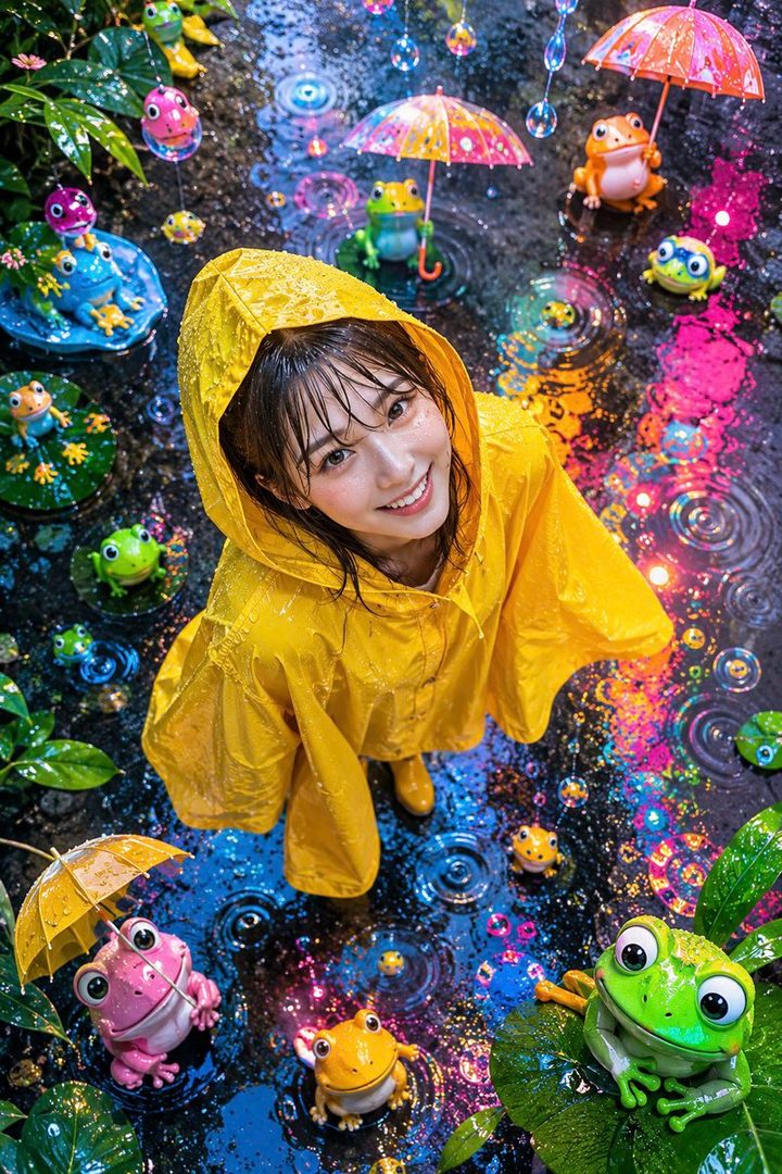 A young woman in a yellow raincoat smiles up at the camera, surrounded by colorful cartoon frogs and vibrant puddles.