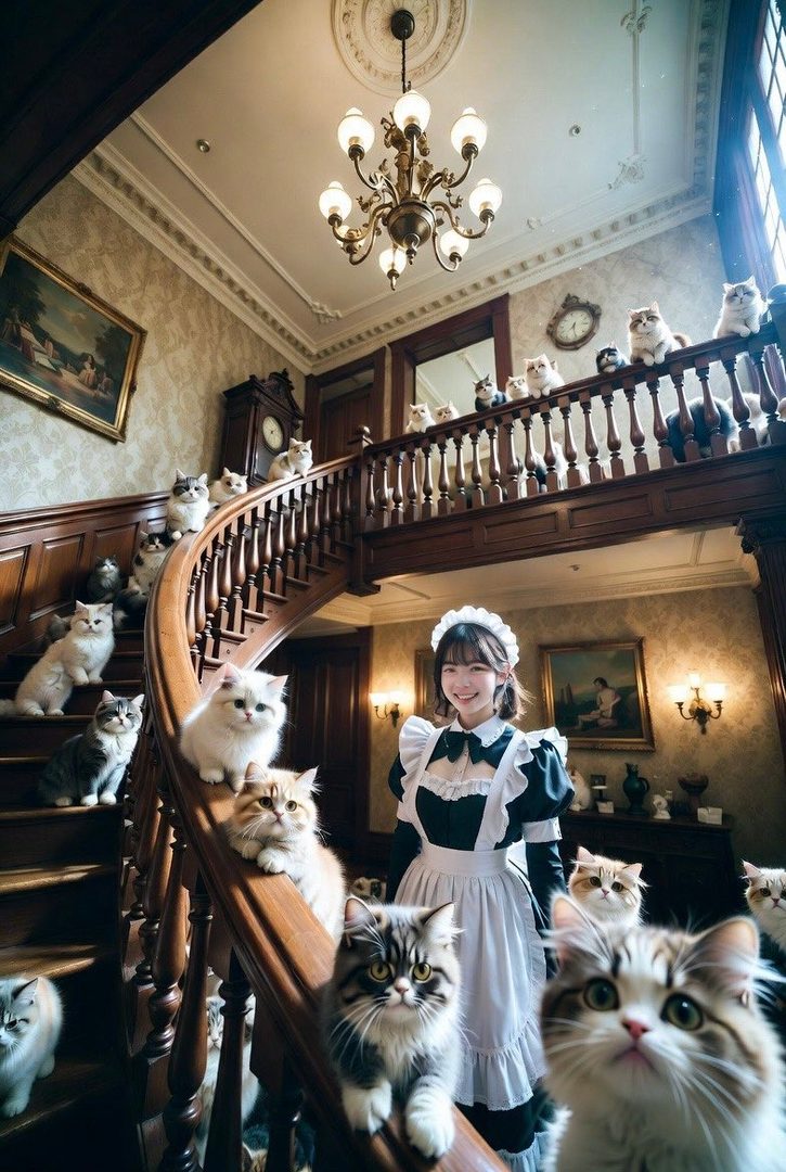 A young woman in a maid outfit stands on a grand wooden staircase surrounded by many cats.