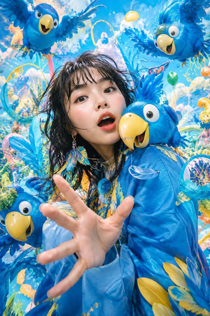 A woman with black hair and bangs, wearing a blue and yellow parrot-themed outfit, reaches out her hand amidst a vibrant blue background with cartoon parrots.