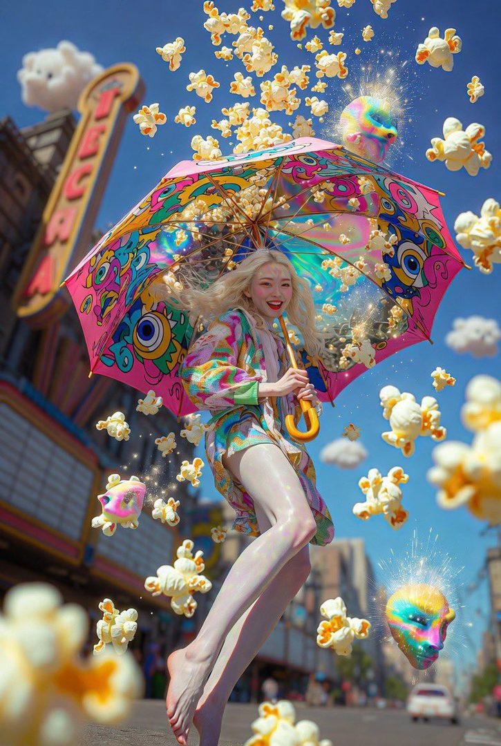 A whimsical image of a blonde woman holding a colorful umbrella, surrounded by floating popcorn on a city street.