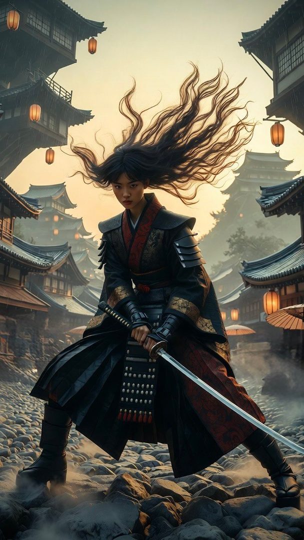A female samurai warrior with long flowing black hair stands in a dynamic pose, holding a katana in a traditional Japanese street scene at golden hour.