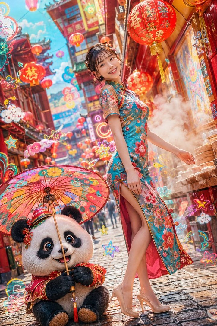 A smiling woman in a floral cheongsam stands on a vibrant street with a cute panda holding an umbrella.