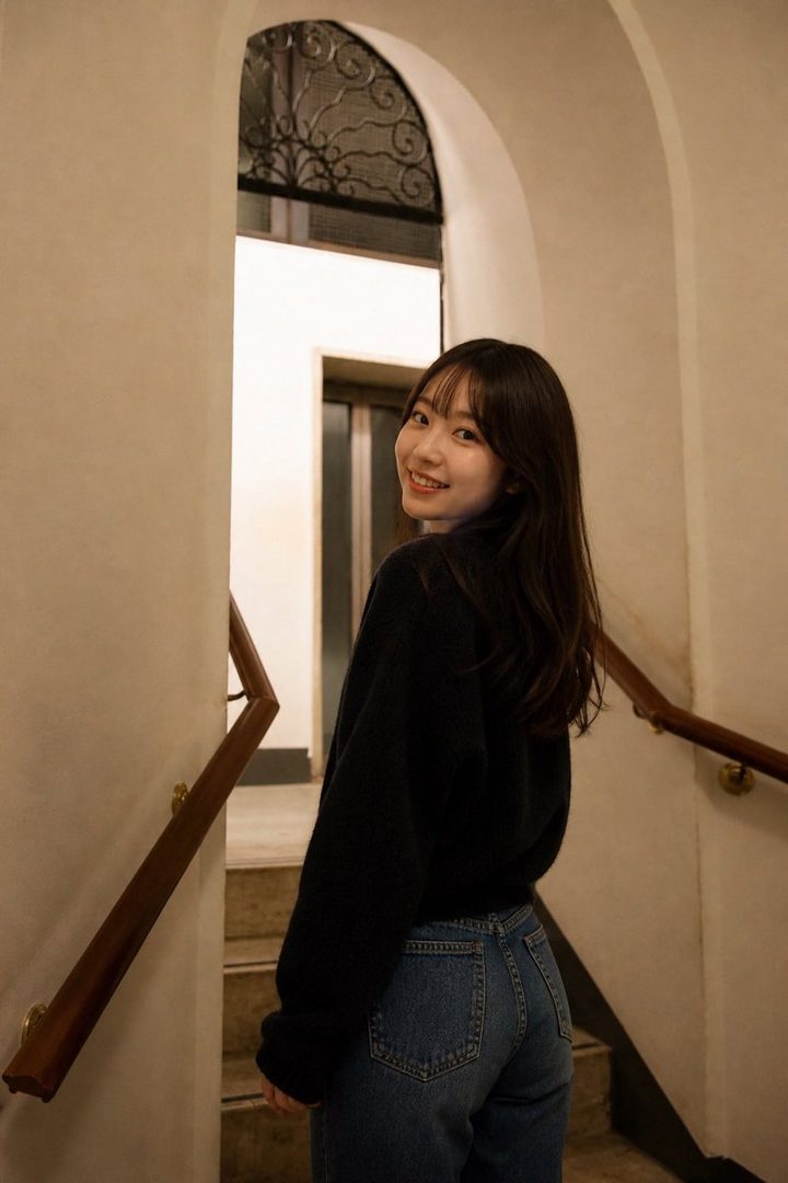 A young woman with long black hair and bangs, wearing a black sweater and jeans, smiles over her shoulder while standing on a staircase indoors.