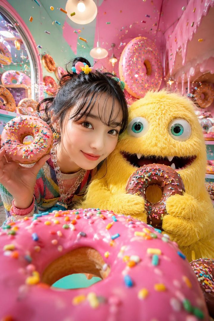 A young woman with black hair and bangs smiles while holding a pink frosted donut next to a yellow monster in a colorful donut-themed room.