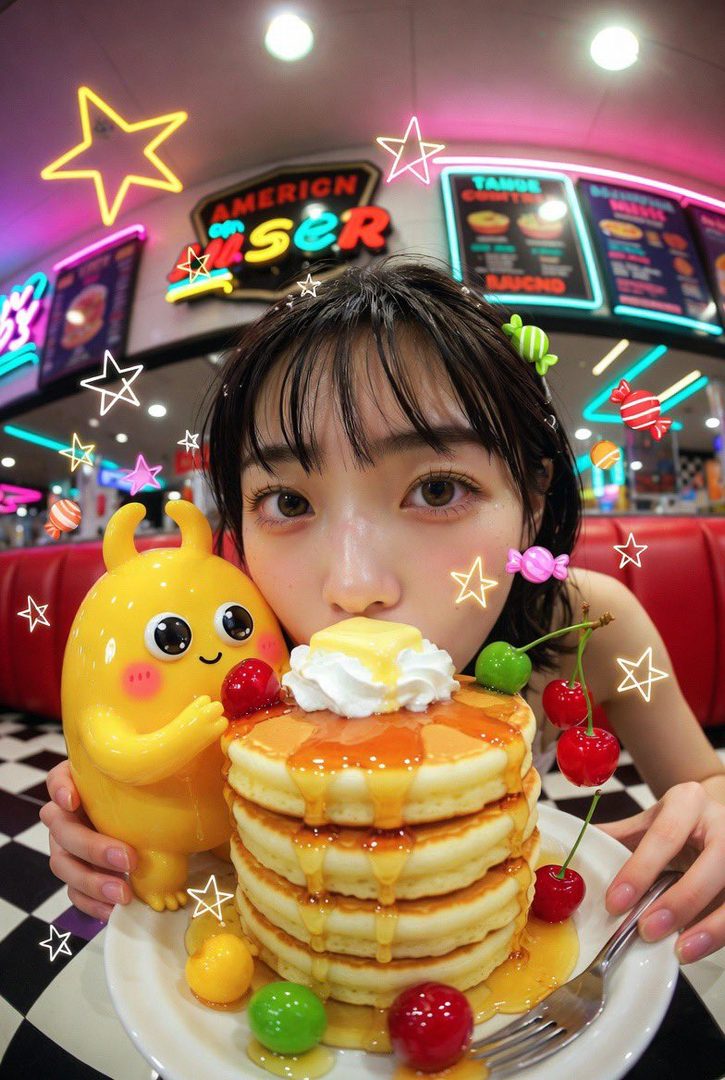 A young woman with black hair and bangs poses with a stack of pancakes and a yellow cartoon character in a retro diner setting.