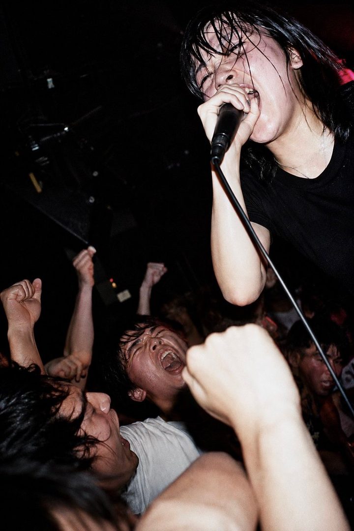 A dynamic shot of a singer passionately performing into a microphone on stage, with an enthusiastic crowd in the foreground.