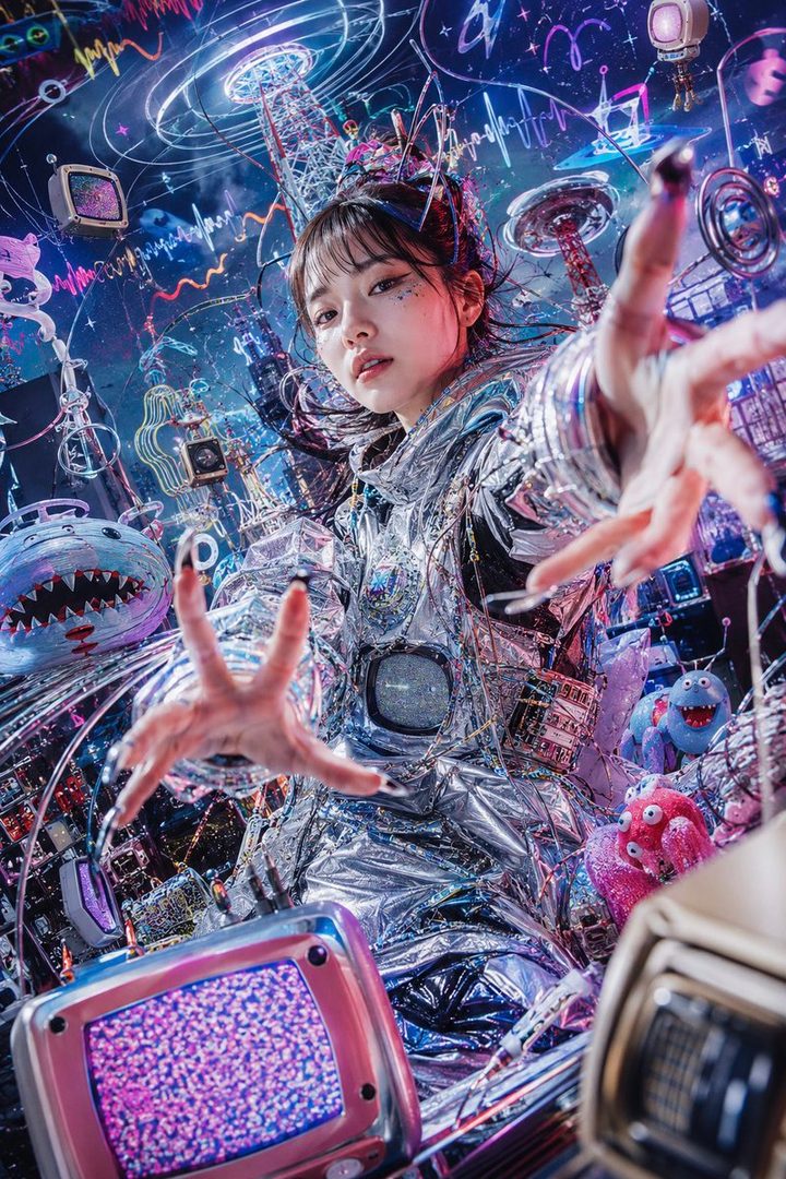 A young woman in a futuristic silver outfit reaches out towards the viewer amidst a vibrant, chaotic background of glowing wires, screens, and quirky objects.