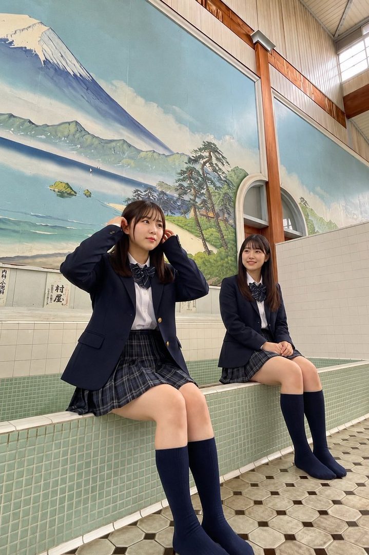 Two young women in school uniforms are sitting on a tiled ledge in an indoor setting with a large mural of Mount Fuji in the background.