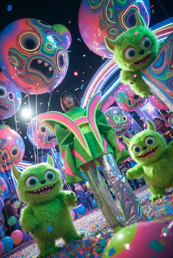 A woman in a vibrant green and pink futuristic outfit stands among large, colorful monster-faced balloons and fuzzy green creatures, surrounded by confetti.