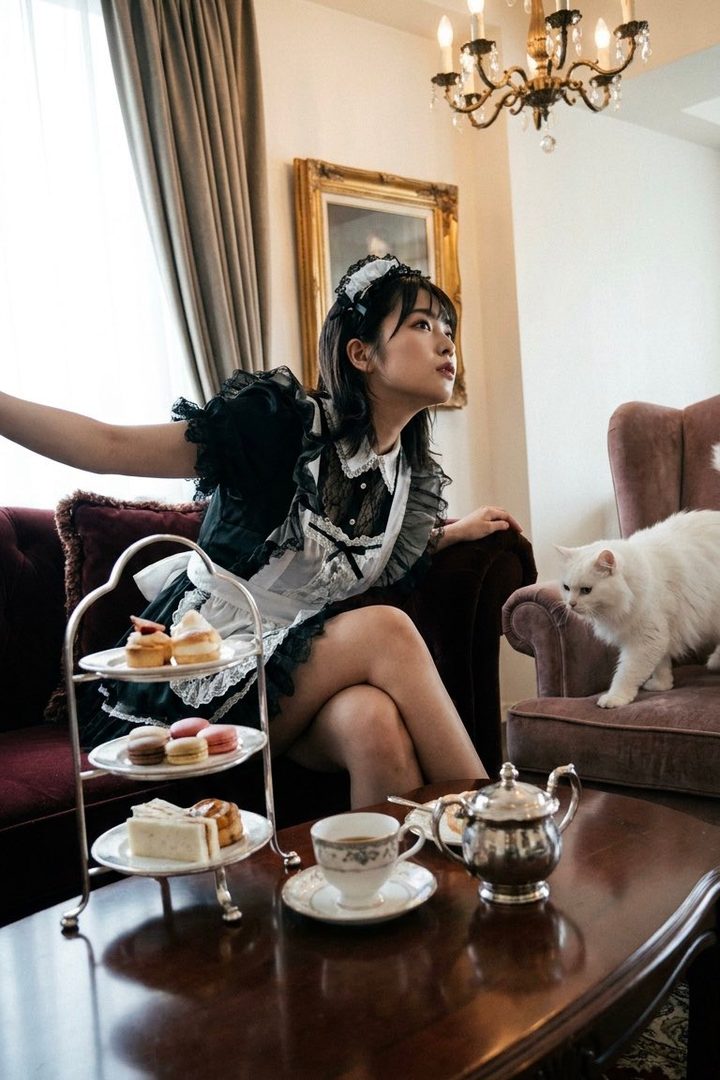 A young woman in a maid outfit sits on a sofa with a white cat nearby, enjoying afternoon tea in a luxurious indoor setting.