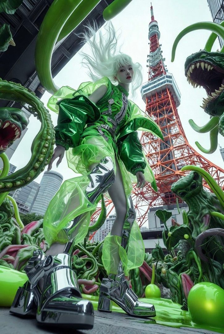 A woman in a futuristic green and silver outfit stands in a city with the Tokyo Tower in the background, surrounded by green monster-like plants.