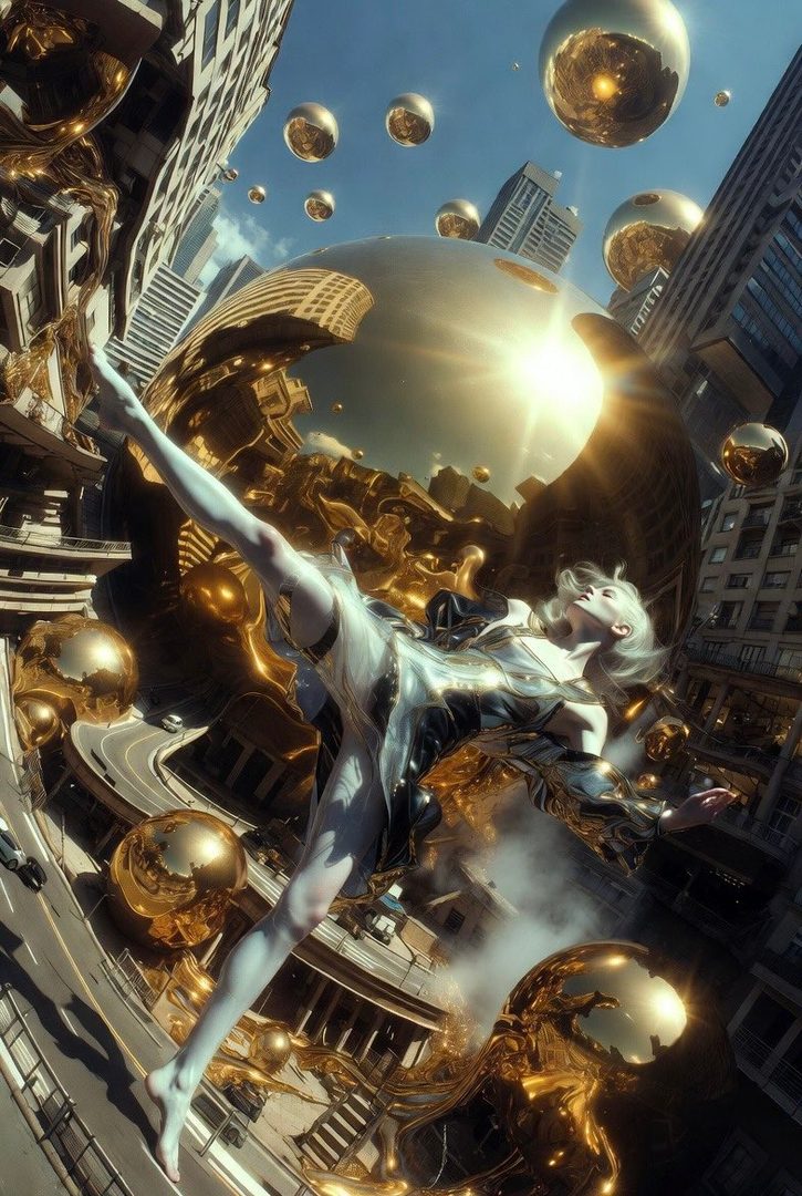 A woman with white hair is suspended in a city filled with golden spheres, with a bright sun in the background.