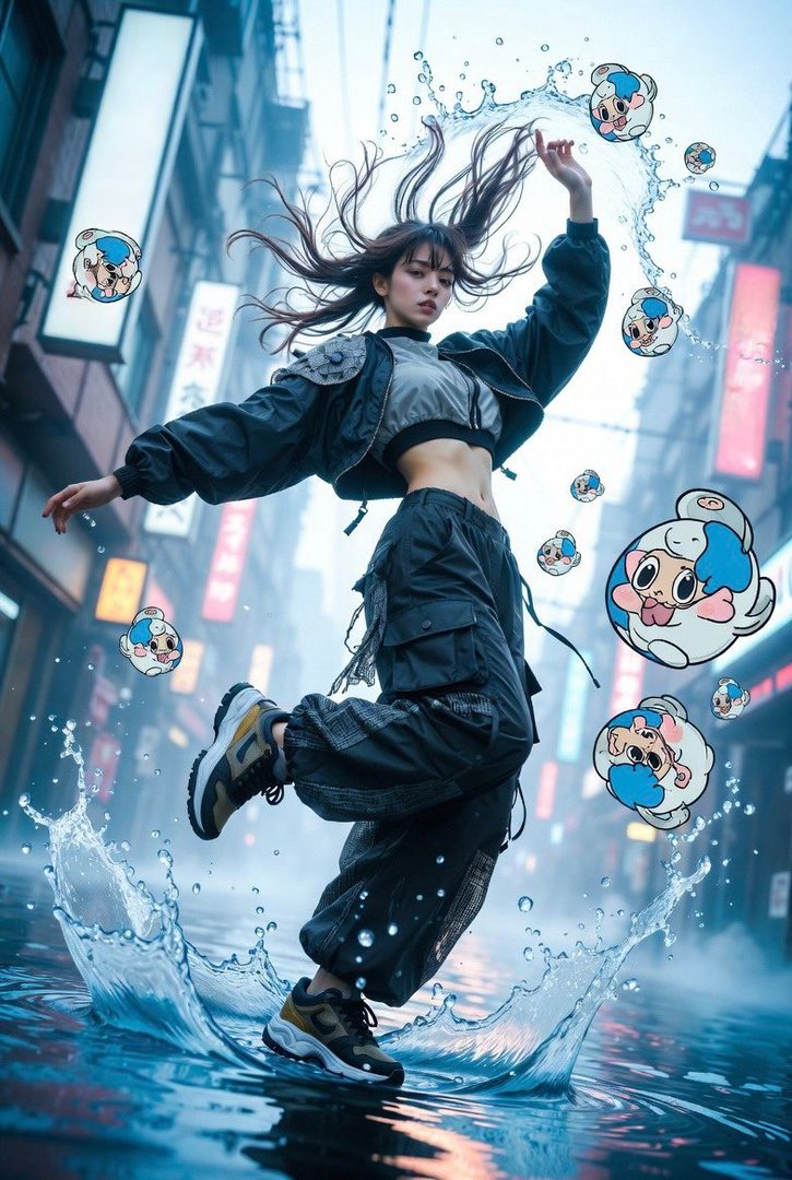 A young woman with long brown hair in casual attire jumps playfully in a rainy city street, surrounded by water splashes and cartoon characters.