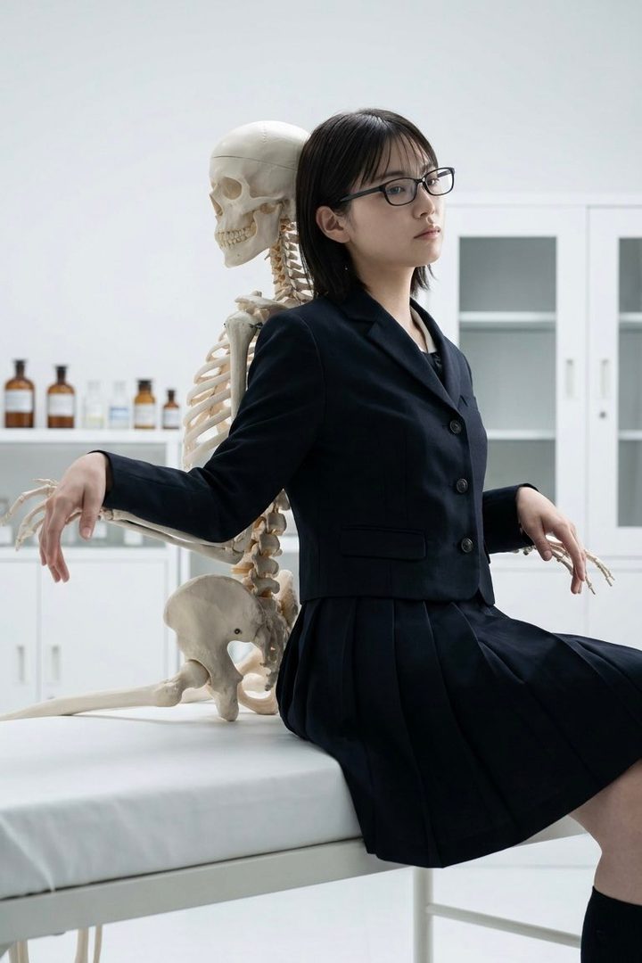 A young woman in a school uniform and glasses sits next to a skeleton model in a bright, clinical room.