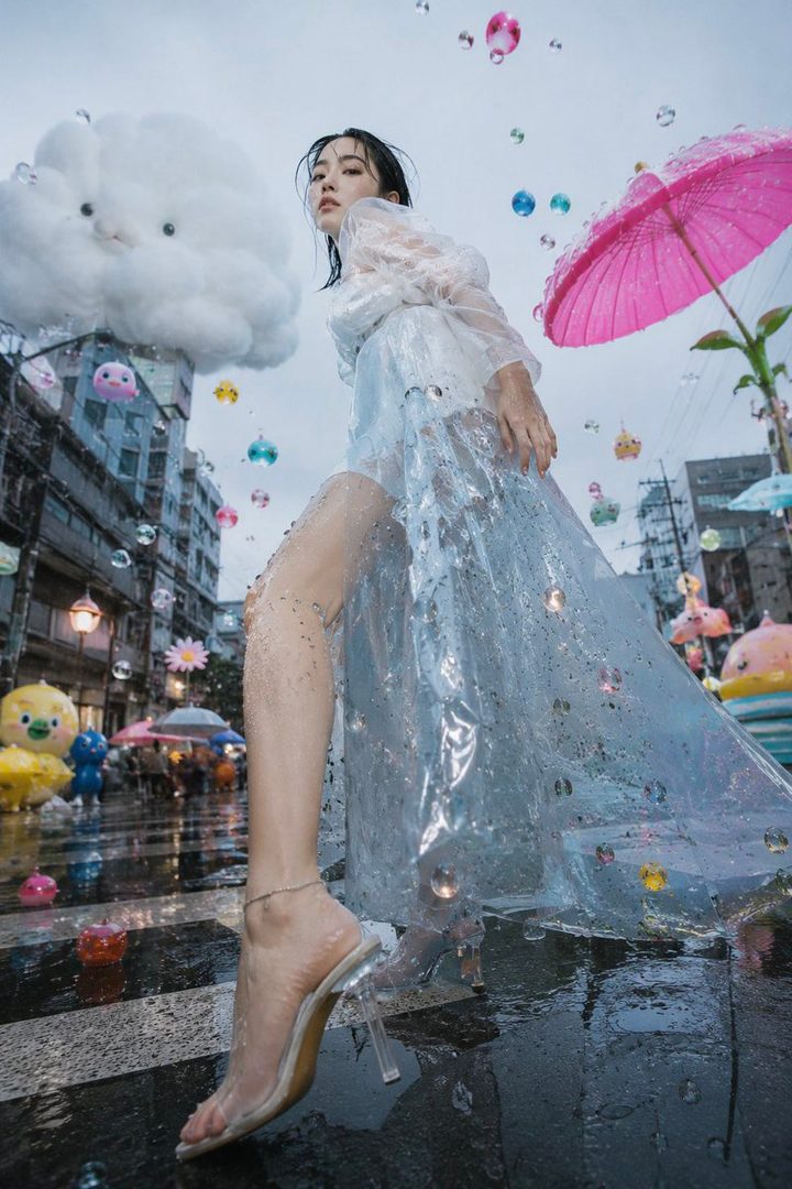 A woman in a clear plastic dress stands on a wet street with a giant cloud and colorful bubbles floating around her.