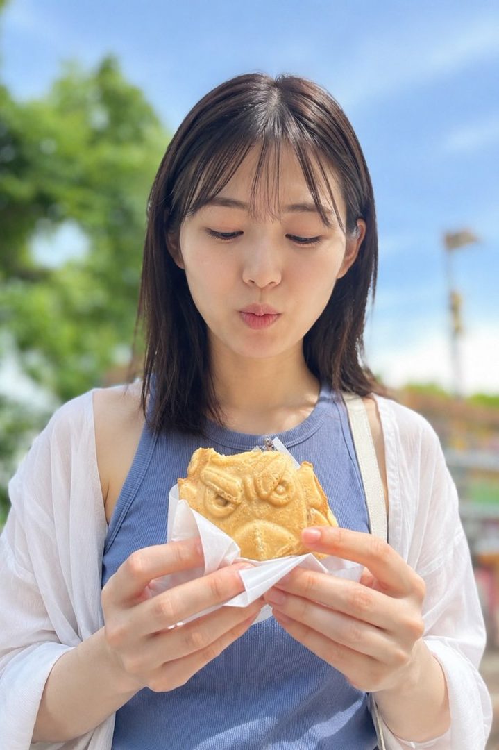 A young woman with brown hair and bangs, wearing a blue top and white cardigan, holds a character-shaped pastry outdoors on a sunny day.