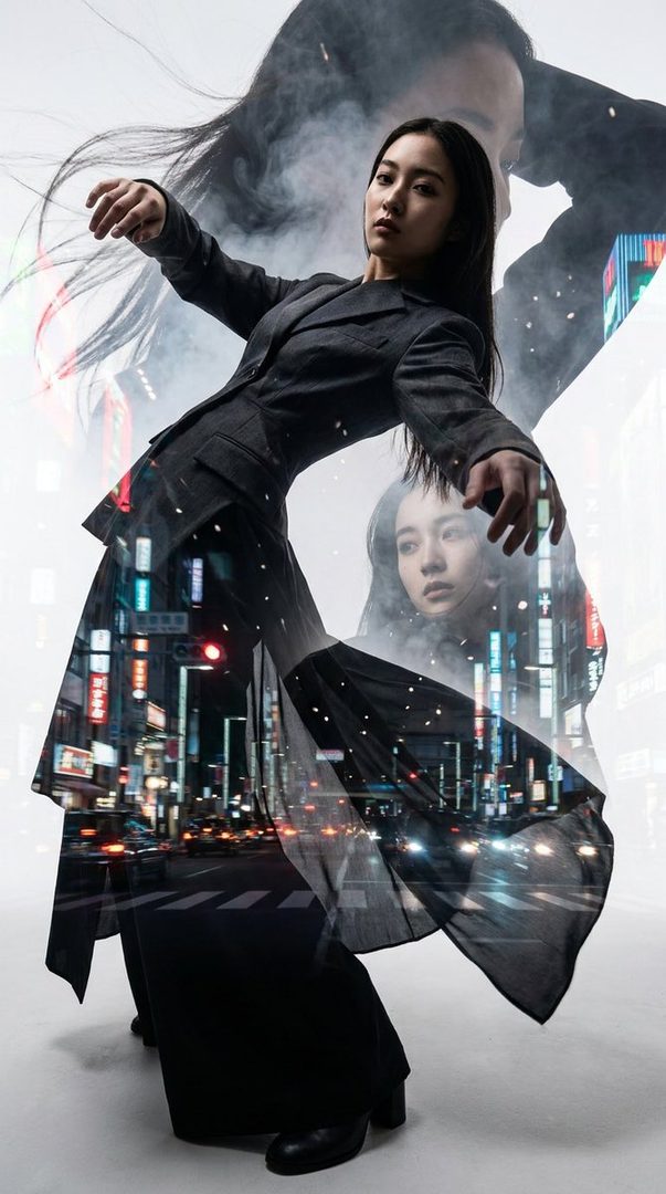 A woman in a dark suit is captured in a double exposure with a blurred city night scene, creating a dramatic and artistic effect.