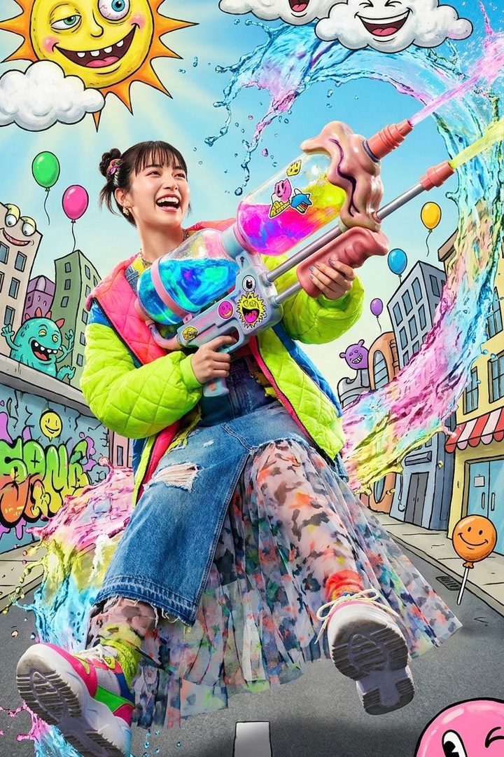 A vibrant image of a woman with black hair and bangs, wearing a colorful jacket and a denim skirt over a patterned dress, holding a large water gun, set against a cartoon city background with colorful splashes.