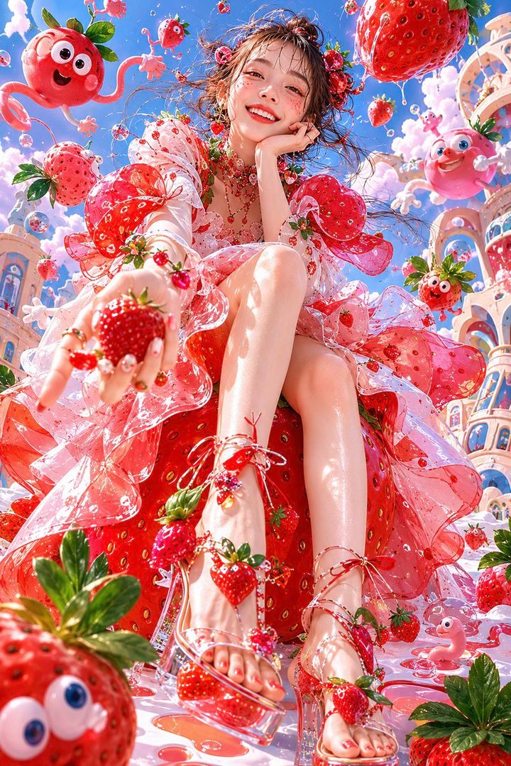 A smiling woman in a strawberry-themed dress and clear heels holds a strawberry, surrounded by whimsical floating strawberries against a blue sky.