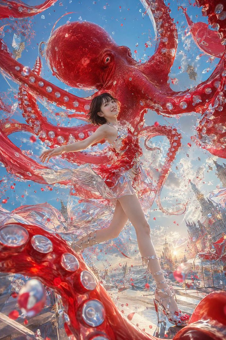 A young woman in a red and silver dress is depicted with a giant red octopus in a fantastical city setting under a blue sky.