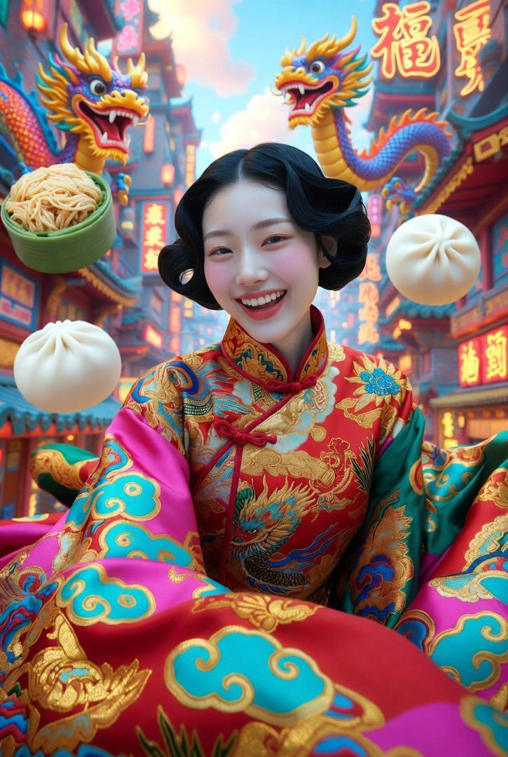 A smiling woman in a vibrant traditional Chinese dress with dragons and dumplings in a bustling Chinatown setting.