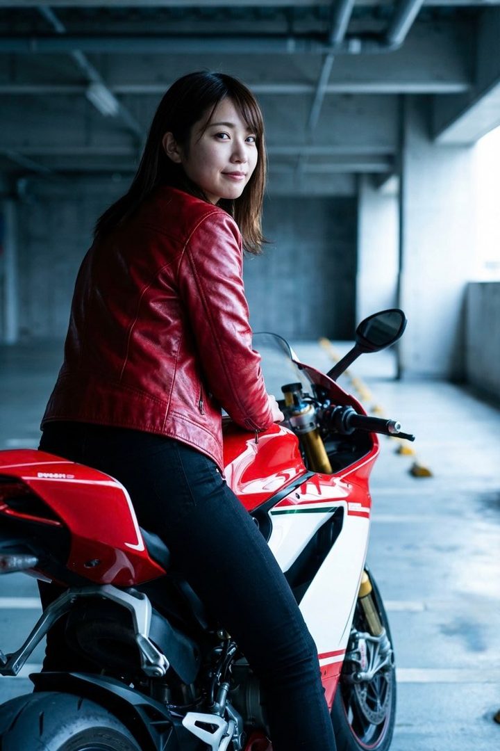 A woman in a red leather jacket and black pants sits on a red and white motorcycle in an indoor parking garage.