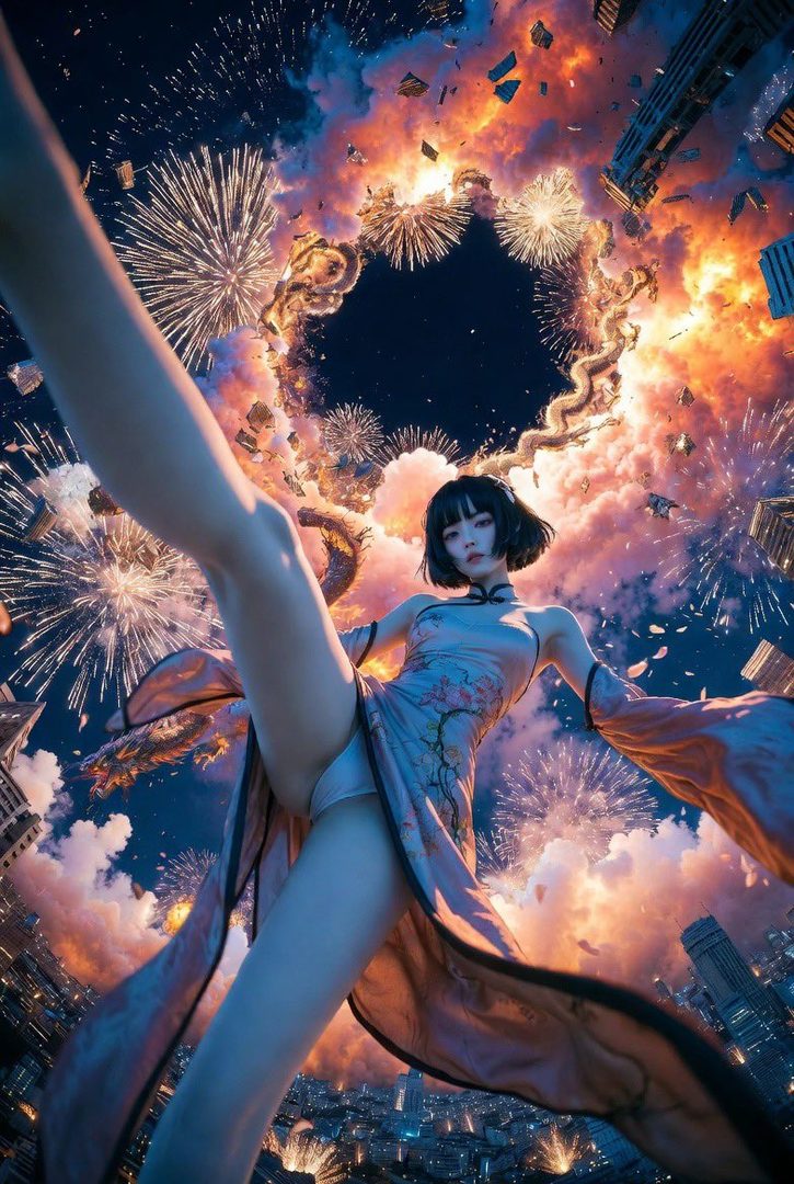 A woman in a traditional Chinese dress is captured in a dynamic pose against a backdrop of fireworks and a city skyline at night.