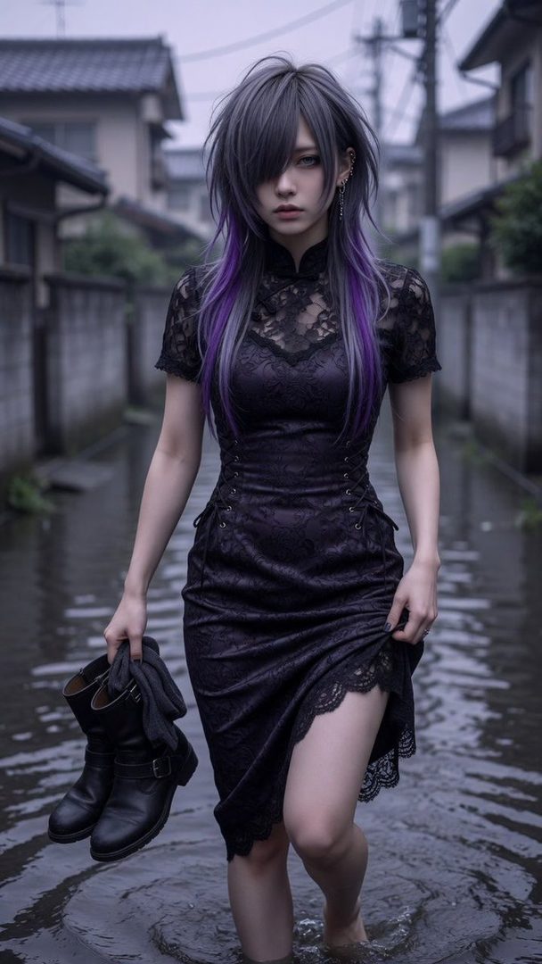 A woman with long silver and purple hair, wearing a black lace dress, walks barefoot through a flooded street while holding her boots.