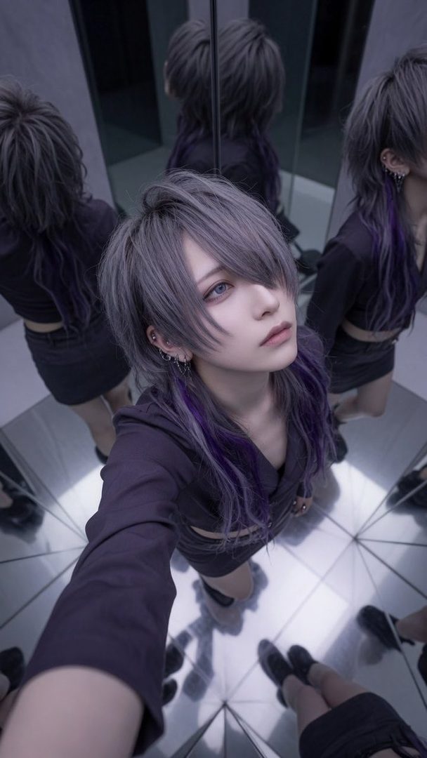 A person with silver and purple hair takes a selfie in a mirrored room, looking up with a cool expression.