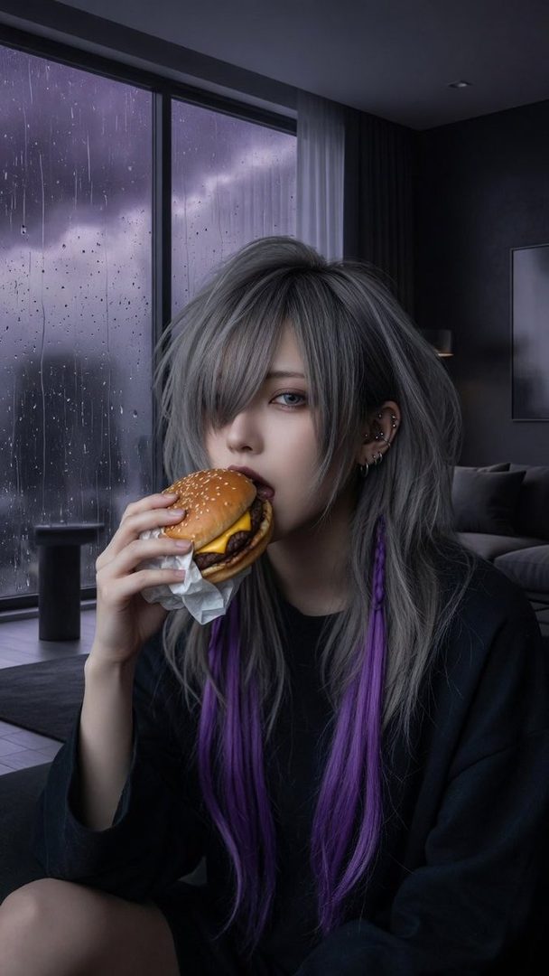 A person with long silver and purple hair eats a hamburger indoors on a rainy day.