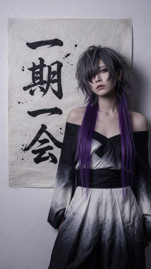 A person with silver and purple hair wearing a black and white kimono stands in front of a Japanese calligraphy scroll.