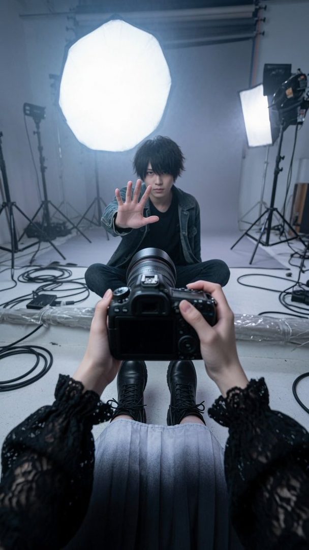 A person with black hair sits on the floor in a studio, holding up a hand as if to stop a camera being held by another person.