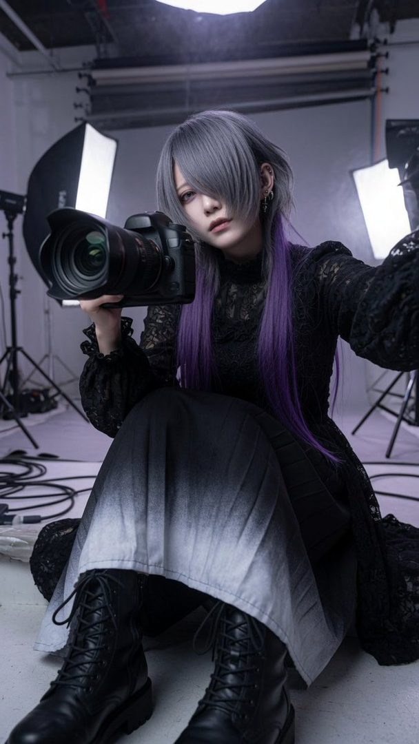 A person with silver and purple hair, wearing a black lace dress and boots, holds a camera in a studio setting.