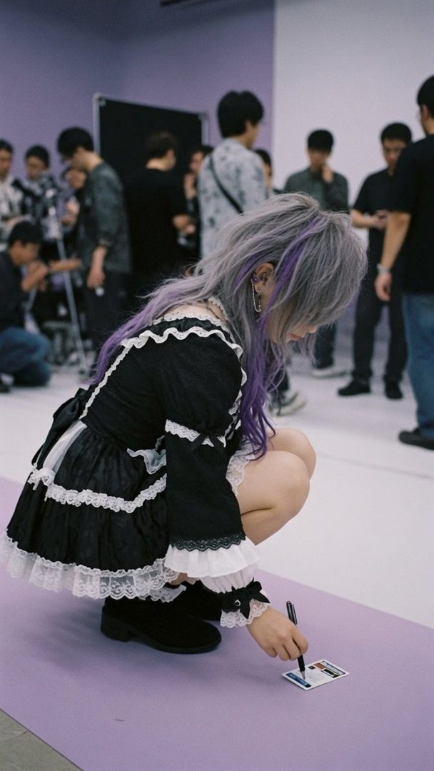 A person with long silver and purple hair, wearing a black and white gothic lolita dress, squats down to sign an autograph on a card.