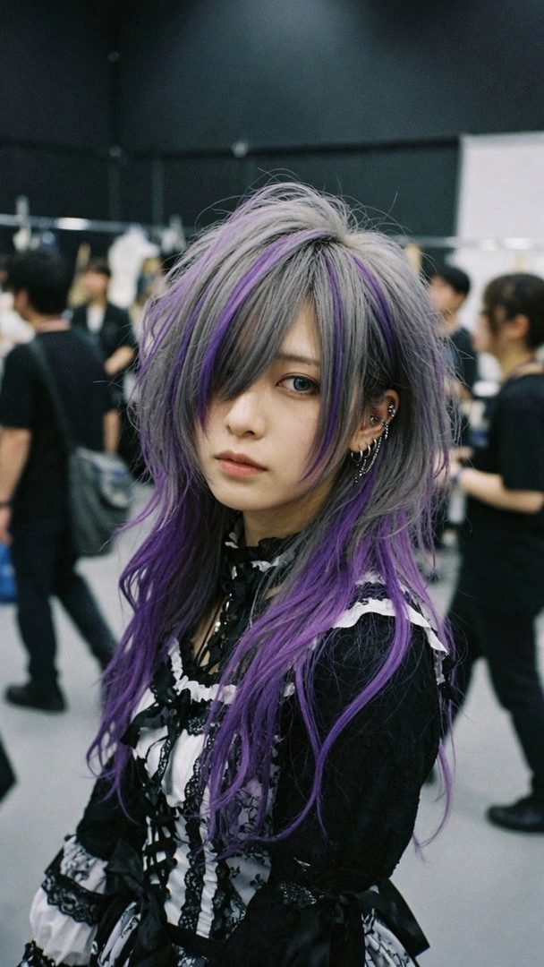 A person with long, messy silver and purple hair, wearing a black and white gothic-style dress, looks directly at the viewer.