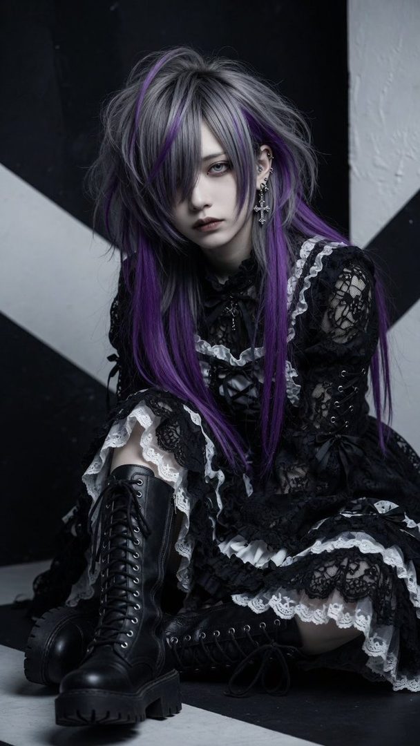A person with long purple and silver hair, wearing a black gothic lace dress and boots, sitting against a black and white striped background.