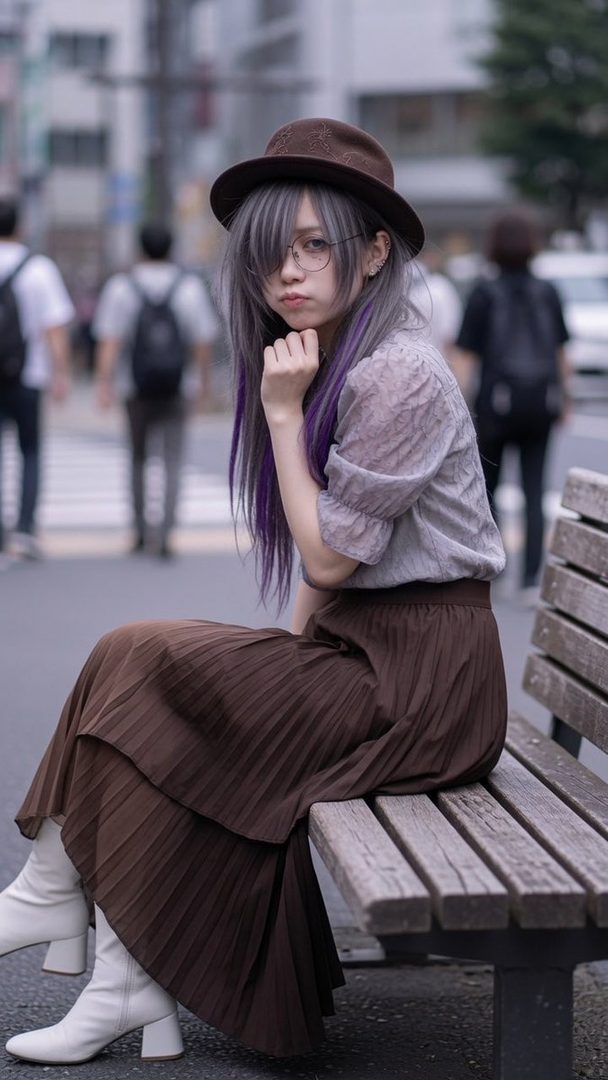 A young person with purple hair and a hat sits on a bench on a city street.