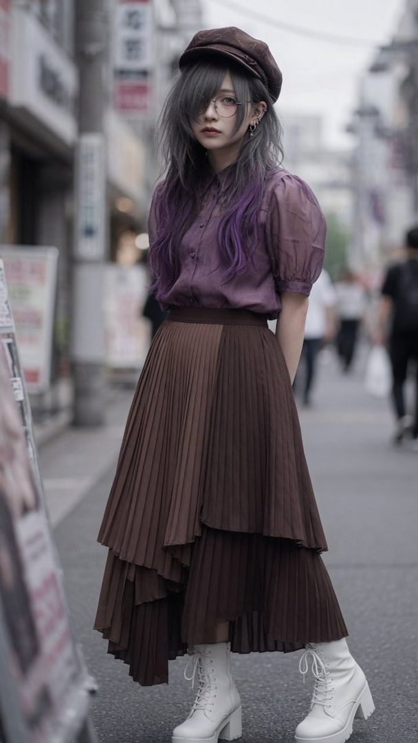 A woman with long grey and purple hair, wearing a brown cap, glasses, a purple blouse, and a tiered brown pleated skirt with white boots, stands on a city street.