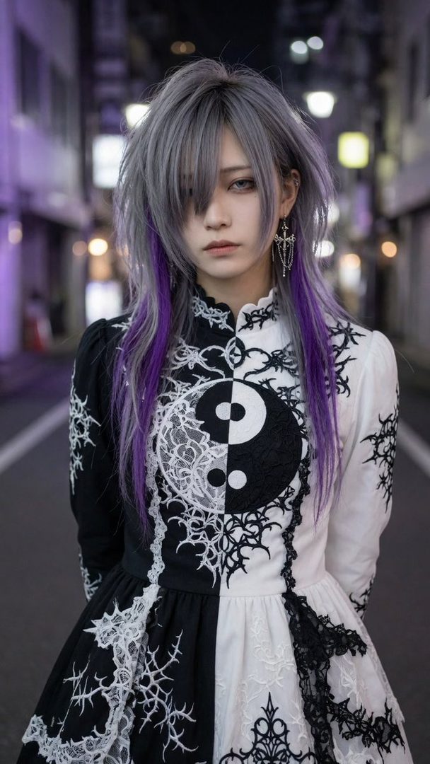 A person with silver and purple hair wears a black and white yin-yang themed dress on a city street at night.