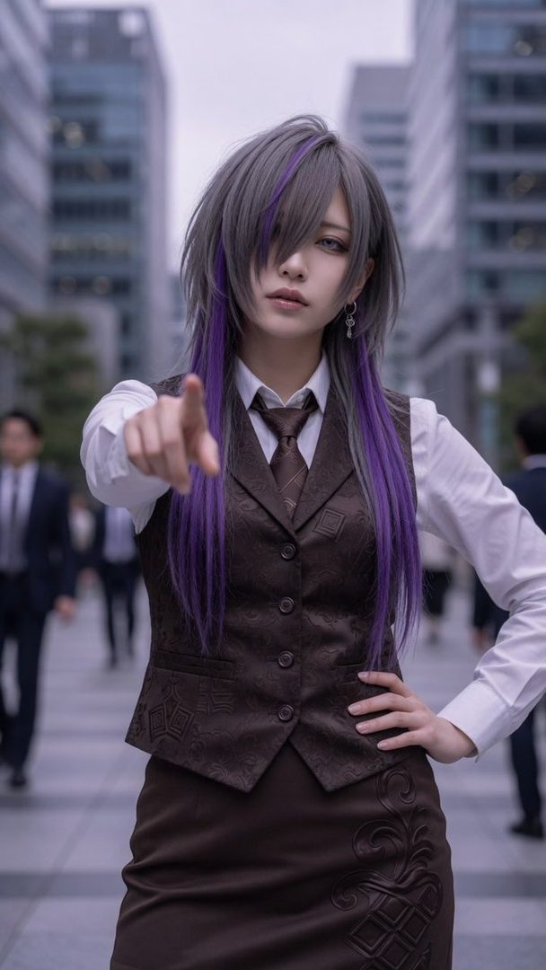 A person with long grey and purple hair, dressed in a brown vest and skirt with a white shirt and tie, points directly at the viewer on a city street.